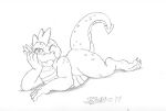  2017 anthro belly chubby_anthro chubby_male claws dragon fangs friendship_is_magic hasbro looking_at_viewer lying male marcushunter mouth_closed my_little_pony on_front one_eye_closed pose raised_tail scales scalie signature slightly_chubby smile smiling_at_viewer solo spade_tail spike_(mlp) tail teeth thick_thighs toe_claws western_dragon wink winking_at_viewer 