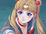  1girl bishoujo_senshi_sailor_moon blonde_hair blue_eyes blue_sailor_collar blush breasts choker cleavage collarbone crescent crescent_earrings earrings english_commentary hair_ornament heart heart_choker jewelry long_hair meme red_choker rezoeline sailor_collar sailor_moon sailor_moon_redraw_challenge_(meme) sailor_senshi_uniform solo sweatdrop tiara tsukino_usagi twintails upper_body 