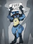  anthro blush dialogue digitigrade english_text fangs generation_4_pokemon hi_res holding_object holding_sign human looking_at_viewer lucario male mammal netchy_boo nintendo open_mouth open_smile pokemon pokemon_(species) sign smile smiling_at_viewer speech_bubble standing teeth text 