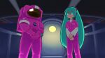  1boy 1girl aqua_eyes aqua_hair astronaut chain-link_fence commentary commission digboye english_commentary facing_viewer fence glass_ceiling hair_between_eyes hair_ornament hatsune_miku headset highres indoors jumpsuit keypad long_hair moonbase_alpha nasa nasa_logo own_hands_together pants pink_pants pink_shirt prison_clothes reflection shirt sidelocks sky space space_helmet spacesuit standing star_(sky) starry_sky twintails very_long_hair vocaloid white_shirt 