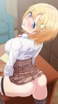  1girl ass bar_censor blonde_hair blue_eyes breasts censored desk from_behind grin hair_ornament high-waist_skirt hololive hololive_english indoors large_breasts looking_at_viewer looking_back looking_up mcp150_plus miniskirt monocle_hair_ornament no_panties paid_reward_available plaid plaid_skirt pussy shirt shirt_tucked_in short_hair skirt smile solo taut_clothes taut_skirt teeth thigh_strap thighhighs virtual_youtuber watson_amelia white_shirt zettai_ryouiki 
