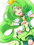  1girl :d bike_shorts bike_shorts_under_skirt bow choker commentary_request cure_march eyelashes fpminnie1 green_bow green_choker green_eyes green_hair green_skirt green_theme hair_ornament happy highres long_hair looking_at_viewer magical_girl midorikawa_nao open_mouth ponytail precure shorts shorts_under_skirt simple_background sketch skirt smile smile_precure! solo tri_tails very_long_hair white_background 