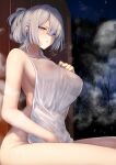  1girl ak-15_(girls&#039;_frontline) bangs bathing blunt_bangs blush breasts covered_nipples covering girls&#039;_frontline grey_hair hair_over_one_eye highres holding holding_towel large_breasts long_hair naked_towel nude_cover onsen open_mouth ponytail purple_eyes see-through sitting solo steam tobimura towel wet wet_towel 
