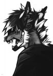  anthro artist_name bodily_fluids bust_portrait canid cheek_tuft clothed clothing ear_piercing ears_back facial_piercing facial_tuft fangs gauged_ear hair hi_res industrial_piercing male mammal messy_hair monochrome multicolored_hair nose_piercing nose_ring open_mouth piercing pivoted_ears portrait ring_piercing saliva saliva_string septum_piercing septum_ring sharp_teeth simple_background solo teeth tongue topwear tuft two_tone_hair unknowhiter 