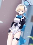  1girl absurdres blonde_hair blue_archive blue_eyes blurry blurry_background bow bowtie highres maid maid_headdress sstthei thighs toki_(blue_archive) 