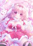 1girl animal_ears black_thighhighs blush breasts cameltoe chiika_(cure_cherish) cleavage commentary_request dress fake_animal_ears fur-trimmed_dress fur_cuffs fur_trim hair_ribbon large_breasts long_hair looking_at_viewer original panties parted_lips pink_eyes pink_hair pink_ribbon rabbit_ears red_dress ribbon santa_dress short_dress solo thighhighs thighs two_side_up underwear white_panties white_ribbon wrist_cuffs 