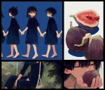  6+girls bangs barefoot between_legs black_border black_dress black_hair black_pants black_shirt blue_background bob_cut border closed_eyes closed_mouth collage double_bun dress feet_out_of_frame fig fingernails food fruit full_body green_eyes hair_bun hand_between_legs head_out_of_frame highres holding holding_food holding_fruit holding_hands ka_(marukogedago) long_bangs looking_at_another medium_hair multiple_girls original outdoors own_hands_together pants portrait shirt short_hair short_sleeves simple_background sitting sleeves_past_elbows smile standing swing walking white_background 