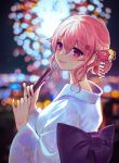  1girl alternate_costume alternate_hairstyle bangs blurry blurry_background blush bokeh bow breasts commission depth_of_field fireworks floral_print flower from_side hair_between_eyes hair_ornament hand_fan hands_up highres holding holding_fan japanese_clothes kimono light_smile lips medium_breasts nail_polish night night_sky pink_flower pink_hair purple_bow purple_eyes qiu_ju ranunculus saigyouji_yuyuko sash sky solo touhou yukata 
