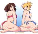  2girls :d :o absurdres arm_support ass bangs bare_arms barefoot bikini blonde_hair blue_bikini blunt_bangs blush boku_no_hero_academia breasts brown_eyes brown_hair commentary dashi ear_piercing earrings fangs feet from_behind hair_bun halterneck highres jewelry looking_at_viewer looking_back medium_breasts messy_hair mole mole_on_ass mole_on_back multiple_girls open_mouth patreon_username piercing red_bikini short_hair side-tie_bikini_bottom sidelocks single_earring sitting smile soles strapless strapless_bikini stud_earrings swimsuit toes toga_himiko uraraka_ochako wariza web_address yellow_eyes 