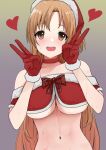  1girl :d asuna_(sao) bangs bare_shoulders black_headwear blush bow bowtie breasts brown_eyes double_v fur-trimmed_gloves fur_trim gloves gradient_background h2o_(ddks2923) hat heart highres large_breasts long_hair navel parted_bangs plaid plaid_bow plaid_bowtie red_bow red_bowtie red_gloves santa_hat smile solo sword_art_online teeth upper_body upper_teeth_only v 