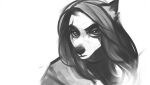  2017 anthro bust_portrait canid dated eye_scar eyelashes facial_scar female glistening glistening_eyes hair long_hair looking_at_viewer mammal monochrome mouth_closed portrait scar signature simple_background solo unknowhiter 