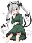 1girl :3 animal_ears bangs black_bow bow braid cat_ear_hairband cat_ears cat_tail closed_mouth cosplay dress feet_out_of_frame ghost green_dress hair_bow highres kaenbyou_rin kaenbyou_rin_(cosplay) konpaku_youmu konpaku_youmu_(ghost) long_hair long_sleeves looking_at_viewer multiple_tails paw_print paw_print_background red_eyes side_braids smile solo tail touhou twin_braids two_tails white_background youmu-kun 