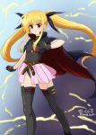  1girl artist_name black_gloves black_leotard black_thighhighs blonde_hair blush breasts cape covered_navel diesel-turbo fate_testarossa gloves hair_ribbon highres leotard lightning long_hair lyrical_nanoha magical_girl mahou_shoujo_lyrical_nanoha mahou_shoujo_lyrical_nanoha_a&#039;s miniskirt pink_skirt red_eyes ribbon skirt small_breasts solo thighhighs twintails 