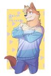  anthro australian_cattle_dog black_eyes blue_bottomwear blue_clothing blue_pants bluey_(series) bottomwear canid canine canis cattledog clothing domestic_dog fur herding_dog hi_res male mammal orange_body orange_fur pants pastoral_dog radley_heeler solo sweater topwear uochandayo 