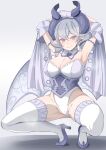  1girl armpits arms_up breasts cleavage demon_girl demon_horns demon_wings duel_monster earrings garoudo_(kadouhan&#039;i) grey_eyes highleg horns jewelry large_breasts looking_at_viewer lovely_labrynth_of_the_silver_castle low_wings multiple_wings presenting_armpit squatting sweat sweatdrop thighhighs thighs wings yu-gi-oh! 