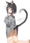  1girl animal_ears bare_legs black_hair black_nails black_panties blue_eyes blue_hair cat_ears cat_girl cat_tail clothes_lift deitaku grey_sweater highres kneeling lifted_by_tail long_sleeves looking_at_viewer no_pants original panties short_hair simple_background sleeves_past_wrists steepled_fingers sweater sweater_lift tail translation_request underwear white_background 