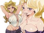  1girl absurdres armpits arms_up belt blonde_hair breasts cleavage closed_mouth collarbone highres kujaku_mai large_breasts long_hair looking_at_viewer multiple_views navel no_bra purple_eyes skirt smile whoopsatro yu-gi-oh! yu-gi-oh!_duel_monsters 