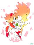  1boy 1girl amy_rose animal_nose boots chaos_emerald closed_mouth dress eye_contact gloves hairband holding_hands looking_at_another red_dress red_footwear red_hairband shoes smile sonic_(series) sonic_the_hedgehog super_sonic white_gloves ziver 