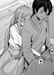  1boy 1girl asuna_(sao) bangs blanket blush braid collarbone couple greyscale h2o_(ddks2923) hakama hakama_skirt handjob heart hetero highres hug hug_from_behind japanese_clothes kirito long_hair long_sleeves monochrome open_mouth parted_bangs revision shirt shirt_tucked_in short_hair short_sleeves sitting skirt spoken_heart stealth_handjob stealth_sex sword_art_online 