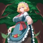  1girl alice_margatroid apple blonde_hair blue_dress blue_eyes blurry blurry_foreground breasts capelet closed_mouth clothes_lift commentary dress dress_lift food forest frilled_dress frilled_hairband frilled_ribbon frills from_below fruit hairband highres jewelry large_breasts leaf looking_at_viewer nature nukekip paid_reward_available pantyhose pixel_art red_ribbon ribbon ring short_hair short_sleeves smile solo touhou tree 