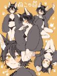  1girl :p animal_ear_fluff animal_ears barefoot bikini bikini_under_clothes black_bikini black_hair breasts cat_day cat_ears cat_girl cat_tail closed_eyes coat fangs fur_coat highres kashima_kino kneeling long_sleeves looking_at_viewer lying navel on_back open_clothes open_coat orange_background original short_hair simple_background sitting sleepy slit_pupils small_breasts stomach swimsuit tail tears tongue tongue_out wariza yawning yellow_eyes 