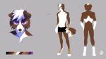  2018 anthro black_bottomwear black_clothing black_pants bottomwear brown_body brown_fur brown_nose canid clothed clothing color_swatch cyrillic_text dated front_view fur grey_background hair looking_aside looking_at_viewer male mammal messy_hair model_sheet nude pants pawpads pink_pawpads purple_eyes rear_view short_hair simple_background solo standing text topless translation_request unknowhiter white_body white_fur white_hair 