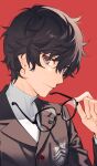  1boy amamiya_kokoro bangs black-framed_eyewear black_eyes black_hair buttons closed_mouth commentary_request fingernails glasses hair_between_eyes highres holding holding_eyewear long_sleeves looking_at_viewer male_focus messy_hair persona persona_5 red_background school_uniform shirt shuujin_academy_school_uniform simple_background smile solo tsubsa_syaoin turtleneck uniform white_shirt 
