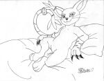  2017 accessory anthro bandai_namco bed_sheet bedding claws digimon digimon_(species) domestic_cat ear_tuft felid feline felis female furgonomics gatomon half-closed_eyes jewelry looking_at_viewer mammal marcushunter mouth_closed narrowed_eyes nude pillow pose raised_tail ring signature smile smiling_at_viewer solo tail tail_accessory tail_jewelry tail_ring tuft whiskers 