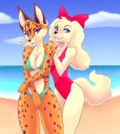  2019 accessory anthro beach big_ears bikini bikini_bottom bikini_top biped bird_dog blue_eyes bow_ribbon breasts canid canine canis centered_hair_bow cleavage clothed clothing countershade_fur countershading deviantart deviantart_logo distracting_watermark domestic_dog duo eyebrows fay_spaniel female fluffy fluffy_ears fluffy_tail fur grinning_at_viewer hair_accessory hair_bow hair_ribbon hands_on_shoulders hunting_dog inner_ear_fluff looking_at_viewer mammal miyu_lynx monotone_body monotone_fur naaraskettu nintendo one-piece_swimsuit open_mouth open_smile portrait red_bow ribbons seaside slim smile smiling_at_viewer spaniel spots spotted_body spotted_fur star_fox swimwear tail teal_bikini three-quarter_portrait tuft water watermark white_body white_fur 