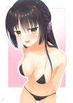  1girl absurdres arms_behind_back bangs bare_shoulders bikini black_bikini black_hair blush braid breasts cafe_stella_to_shinigami_no_chou cleavage collarbone commentary_request eyes_visible_through_hair flower front-tie_bikini_top front-tie_top fumimaru hair_flower hair_ornament hair_over_breasts halterneck highres large_breasts leaning_forward long_hair looking_at_viewer micro_bikini open_mouth parted_lips pink_background rose seductive_smile shiki_natsume side_braid sidelocks simple_background skindentation smile smug solo standing stomach swimsuit white_background white_flower white_rose yellow_eyes 