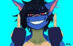  anthro band-aid bandage bandage_on_nose black_hair blue_background blue_body bust_portrait erin_(kawfee) female fish gesture grin hair hi_res looking_at_viewer marine middle_finger notched_ear nyufluff portrait shark sharp_teeth simple_background smile solo teeth 