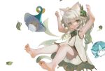  1girl absurdres ahoge animal_ear_fluff animal_ears aranara_(genshin_impact) armpits bangs bare_arms bare_shoulders barefoot bloomers cat_ears commentary_request dokomon dress full_body fungi_(genshin_impact) genshin_impact gradient_hair green_eyes green_hair grey_hair hair_between_eyes hair_ornament highres korean_commentary multicolored_hair nahida_(genshin_impact) simple_background sleeveless sleeveless_dress soles solo toes underwear white_background white_bloomers white_dress 