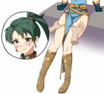  1boy 1girl blush boots closed_mouth disembodied_limb earrings fire_emblem fire_emblem:_the_blazing_blade fire_emblem_fates green_eyes green_hair igni_tion jewelry lyn_(fire_emblem) ponytail thigh_focus thigh_grab 