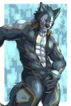  absurd_res android anthro blush breke bulge canid canine canis chest_gem collar gem groping_bulge hi_res hiei0221 lifewonders machine male mammal robot shoulder_pads solo spandex_suit tokyo_afterschool_summoners wolf zipped_down 