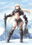  1girl abs arm_warmers armor axe barbarian battle_axe blonde_hair breasts brooch capelet clip_studio_paint_(medium) commentary_request dual_wielding english_commentary fingerless_gloves full_body fur_capelet fur_trim gloves greaves grey_thighhighs highres holding holding_axe ironlily jewelry leg_warmers leg_wrap long_hair low_twintails making-of_available medium_breasts mixed-language_commentary mountain original pelvic_curtain planted planted_sword purple_eyes revision snow solo standing sword thick_thighs thighhighs thighs twintails underboob weapon 