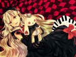  1girl black_dress black_headwear blonde_hair center_frills commentary_request dress elbow_gloves frills gloves holding holding_stuffed_toy long_hair looking_at_viewer lying mayu_(vocaloid) minazuki_(0038) on_back open_mouth piano_print red_ribbon ribbon sleeveless sleeveless_dress smile solo stuffed_animal stuffed_toy very_long_hair vocaloid yellow_eyes 