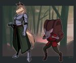  anthro armor armor_plates armored_boots armored_gloves backpack belt boots canid canine canis clothed clothing duo eyes_closed female footwear forest fur hand_on_weapon hi_res jarnqk male mammal mouse murid murine plant rodent shaking struggling tail tree trembling wolf 
