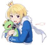  1boy blonde_hair blue_jacket cape crown fur-trimmed_cape fur_trim harukawa_(aonori1022) holding holding_microphone idolmaster idolmaster_side-m jacket kaerre long_sleeves looking_at_viewer male_focus microphone mini_crown open_mouth pierre_bichelberger purple_eyes smile solo stuffed_animal stuffed_frog stuffed_toy white_background white_cape 