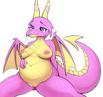  2022 2_horns ahobobo anthro areola belly bloated breasts digital_drawing_(artwork) digital_media_(artwork) dragon dragon_wings female friendship_is_magic genitals green_eyes half-closed_eyes hasbro hi_res horn multicolored_body multicolored_scales my_little_pony narrowed_eyes nipples non-mammal_breasts nude overweight overweight_female pink_body pink_scales pussy scales scales_(mlp) scalie simple_background solo spade_tail thick_thighs two_tone_body two_tone_scales white_background yellow_body yellow_scales 