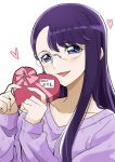  1girl asymmetrical_bangs bangs blue_eyes box gift glasses half-closed_eyes heart heart-shaped_box heartcatch_precure! holding holding_gift light_blush long_hair long_sleeves looking_at_viewer open_mouth precure purple_hair purple_sweater rimless_eyewear simple_background smile solo sweater translated tsukikage_oyama tsukikage_yuri upper_body valentine white_background 