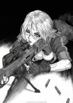  1girl aiming breasts cleavage cyberpunk_(series) cyberpunk_2077 fingerless_gloves gloves gun highres holding holding_weapon lips magion02 mechanical_arms mechanical_parts monochrome nail_polish one_eye_closed original rifle shell_casing simple_background sniper_rifle solo tripod weapon 
