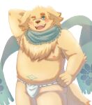  absurd_res anthro asian_clothing belly bird_dog blush canid canine canis clothing cu_sith_(tas) domestic_dog east_asian_clothing floppy_ears fundoshi golden_retriever green_eyes hi_res hunting_dog japanese_clothing lifewonders lune_draw male mammal nipples one_eye_closed overweight retriever scarf solo tokyo_afterschool_summoners underwear wink 