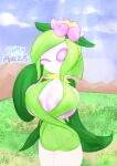  2022 absurd_res accessory areola areola_slip big_breasts blush breasts clothed clothing detailed_background elemental_creature female flora_fauna flower flower_in_hair friita green_hair hair hair_accessory hi_res hisuian_form hisuian_lilligant huge_breasts humanoid leaf_arms mouthless nintendo not_furry one_eye_closed pink_areola pink_eyes plant pokemon pokemon_(species) pokemon_legends_arceus regional_form_(pokemon) short_hair skimpy solo 