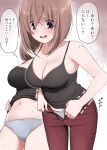  1girl ^^^ belly black_camisole bow bow_panties breasts brown_hair camisole camisole_lift cleavage collarbone cowboy_shot flying_sweatdrops hand_on_own_stomach highres ikari_manatsu kamihira_mao large_breasts lifted_by_self multiple_views navel no_pants open_fly open_mouth open_pants original panties pants purple_eyes short_hair sweat translation_request trembling undersized_clothes underwear unzipped wavy_mouth weight_conscious 