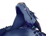  2021 anthro aquatic_dragon arm_spikes baits blue_body blue_scales breath close-up digital_media_(artwork) dragon ear_frill eyes_closed facial_spikes frill_(anatomy) head_crest head_frill headshot_portrait horn icon jaw_spikes jrain male marine overbite portrait scales scalie shoulder_spikes simple_background solo spikes spikes_(anatomy) teeth underbite white_background 