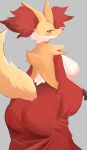  2023 absurd_res anthro big_breasts big_butt blush breasts butt canid canine delphox female fur generation_6_pokemon grey_background hi_res huge_breasts huge_butt inner_ear_fluff looking_at_viewer looking_back mammal nintendo nojaaaaaaaarori orange_body orange_fur pokemon pokemon_(species) rear_view red_body red_eyes red_fur simple_background smile solo tail tuft white_body white_fur yellow_body yellow_fur 