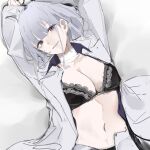  1girl arms_up bangs black_bra black_panties blush bra breasts character_request cleavage collarbone copyright_request grey_hair highres lace-trimmed_bra lace-trimmed_panties lace_trim large_breasts long_hair long_sleeves looking_at_viewer lying navel on_back open_clothes open_shirt panties parted_lips purple_eyes pz-15 shirt sketch solo underwear white_shirt 