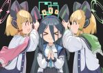  &gt;_&lt; 3girls absurdly_long_hair animal_ear_headphones animal_ears aris_(blue_archive) bangs black_background black_hair black_hairband blonde_hair blue_archive blue_necktie bow cat_day cat_ear_headphones cat_ears collared_shirt fake_animal_ears green_bow green_eyes hair_between_eyes hair_bow hairband halo headphones hoshi_umi jacket long_hair midori_(blue_archive) momoi_(blue_archive) multicolored_clothes multicolored_jacket multiple_girls necktie one_side_up parted_bangs pink_eyes red_bow shirt siblings sisters twins very_long_hair white_jacket 