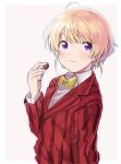  1boy blonde_hair blush bow bowtie chocolate collared_shirt earrings harukawa_(aonori1022) idolmaster idolmaster_side-m jacket jewelry long_sleeves looking_at_viewer male_focus pierre_bichelberger purple_eyes red_jacket shirt smile solo white_background white_shirt yellow_bow yellow_bowtie 