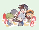  5boys akiyama_hayato amai_kuro aqua_eyes blue_eyes brown_eyes brown_hair chibi closed_eyes fuyumi_jun green_eyes green_hair grey_background grey_hair high_x_joker_(idolmaster) idolmaster idolmaster_side-m iseya_shiki looking_at_viewer male_focus multiple_boys orange_hair sakaki_natsuki short_hair sitting sweatband wakazato_haruna 